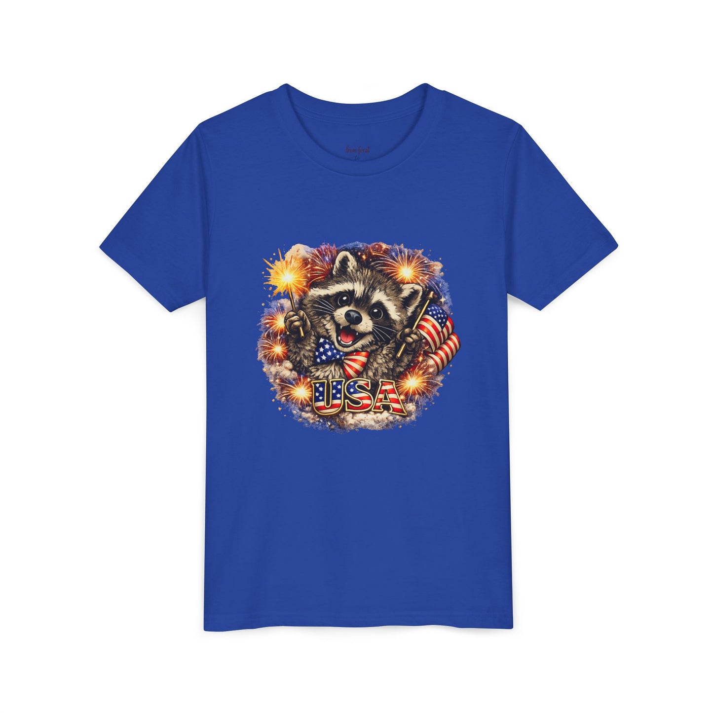 Patriotic Raccoon Youth Tee — Raccoon with American Flag & Fireworks