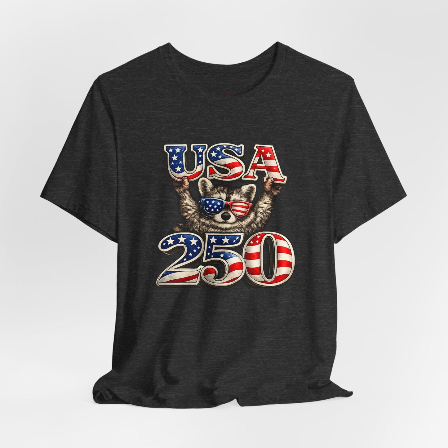 Patriot Raccoon 250th Anniversary T-Shirt — 4th of July Fireworks Flag Tee