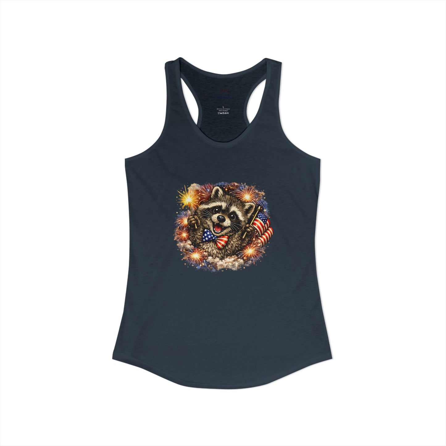 Patriotic Raccoon 4th of July Tank — Raccoon on 250 with Flag & Fireworks Racerback Tank