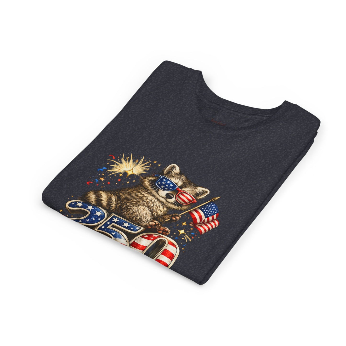Patriotic Raccoon Youth Tee — Raccoon with American Flag & Fireworks