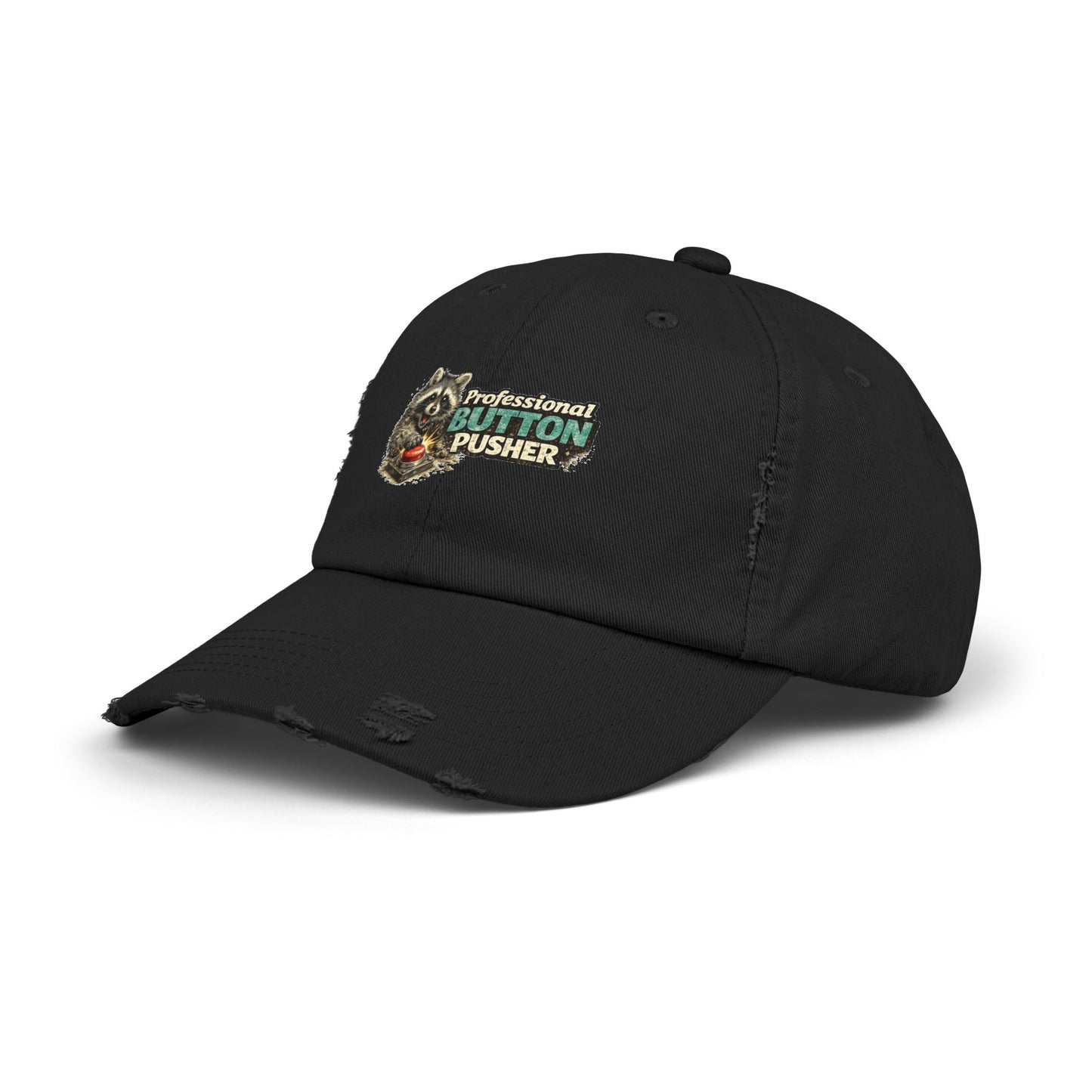 Button Pusher Distressed Cap — Raccoon Mom/Dad Funny Dad Hat