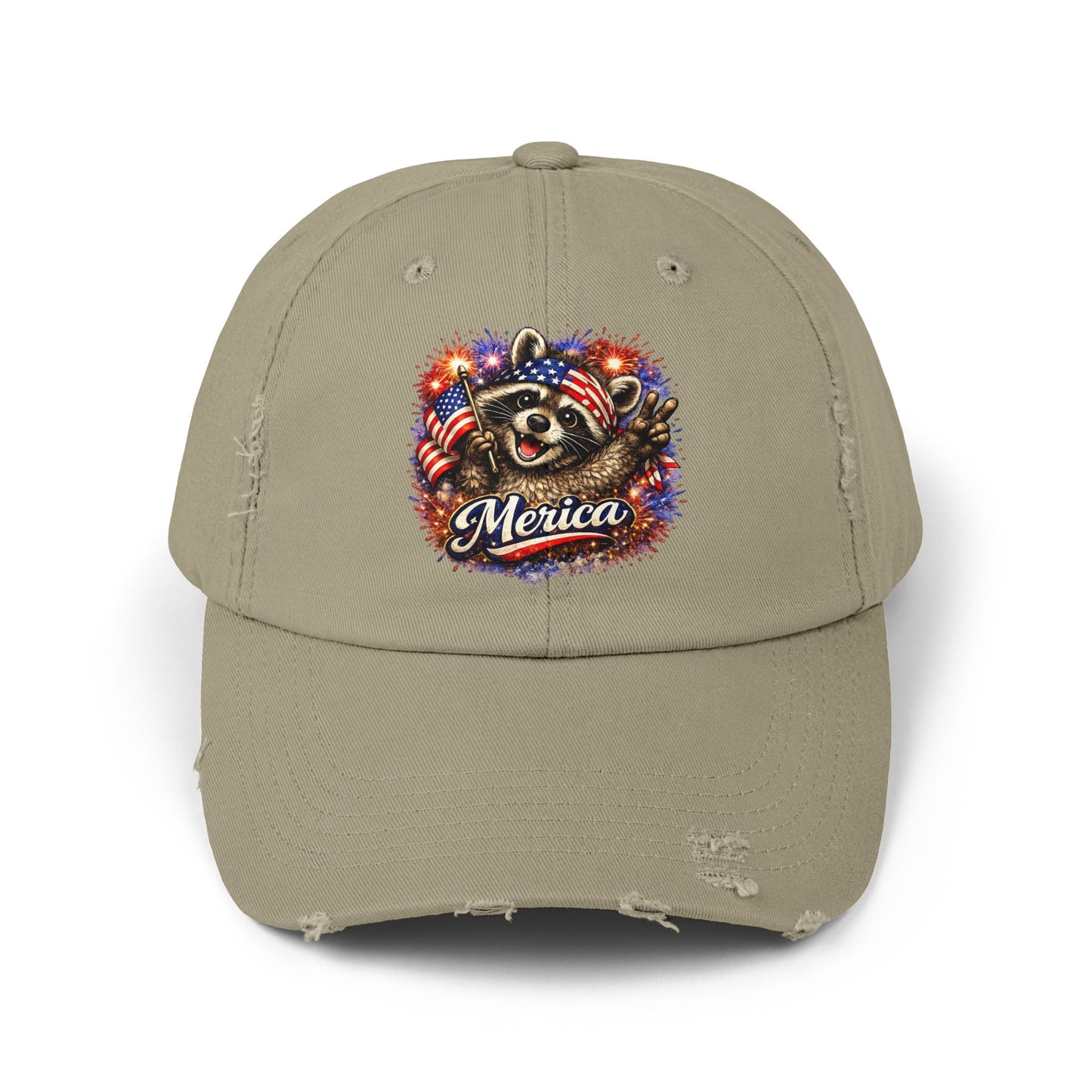 Patriotic Raccoon 250 Cap — Fireworks & Flag Distressed Baseball Hat