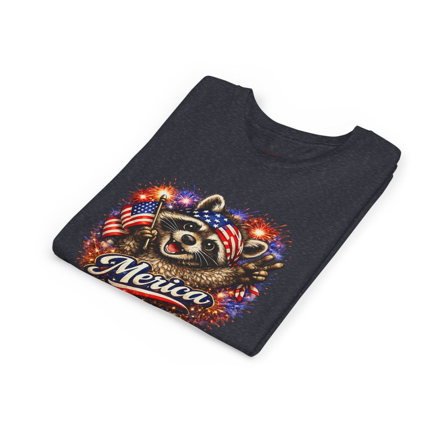 Patriotic Raccoon Youth Tee — Raccoon with American Flag & Fireworks