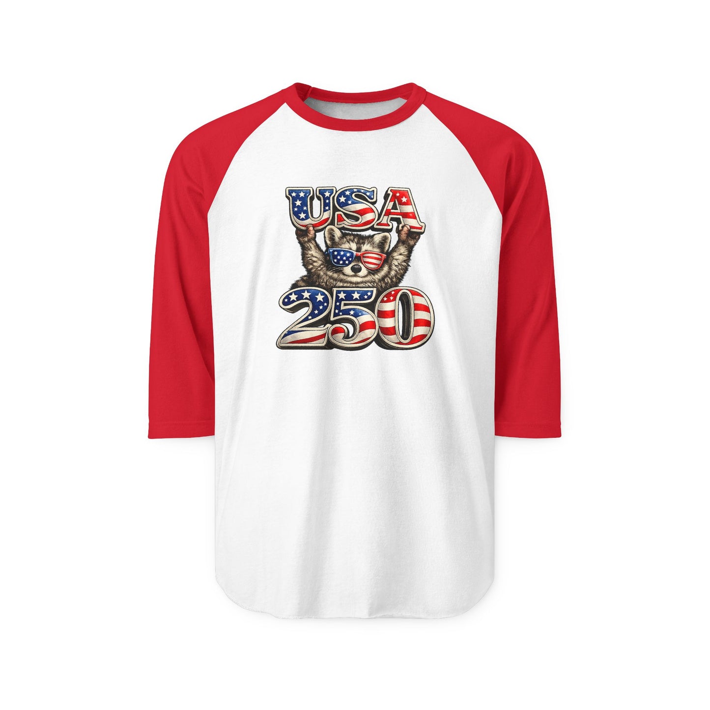 Patriotic Raccoon 250 Raglan Shirt — Fourth of July Fireworks Tee