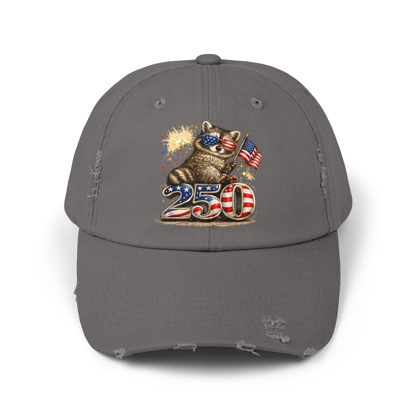 Patriotic Raccoon 250 Cap — Fireworks & Flag Distressed Baseball Hat