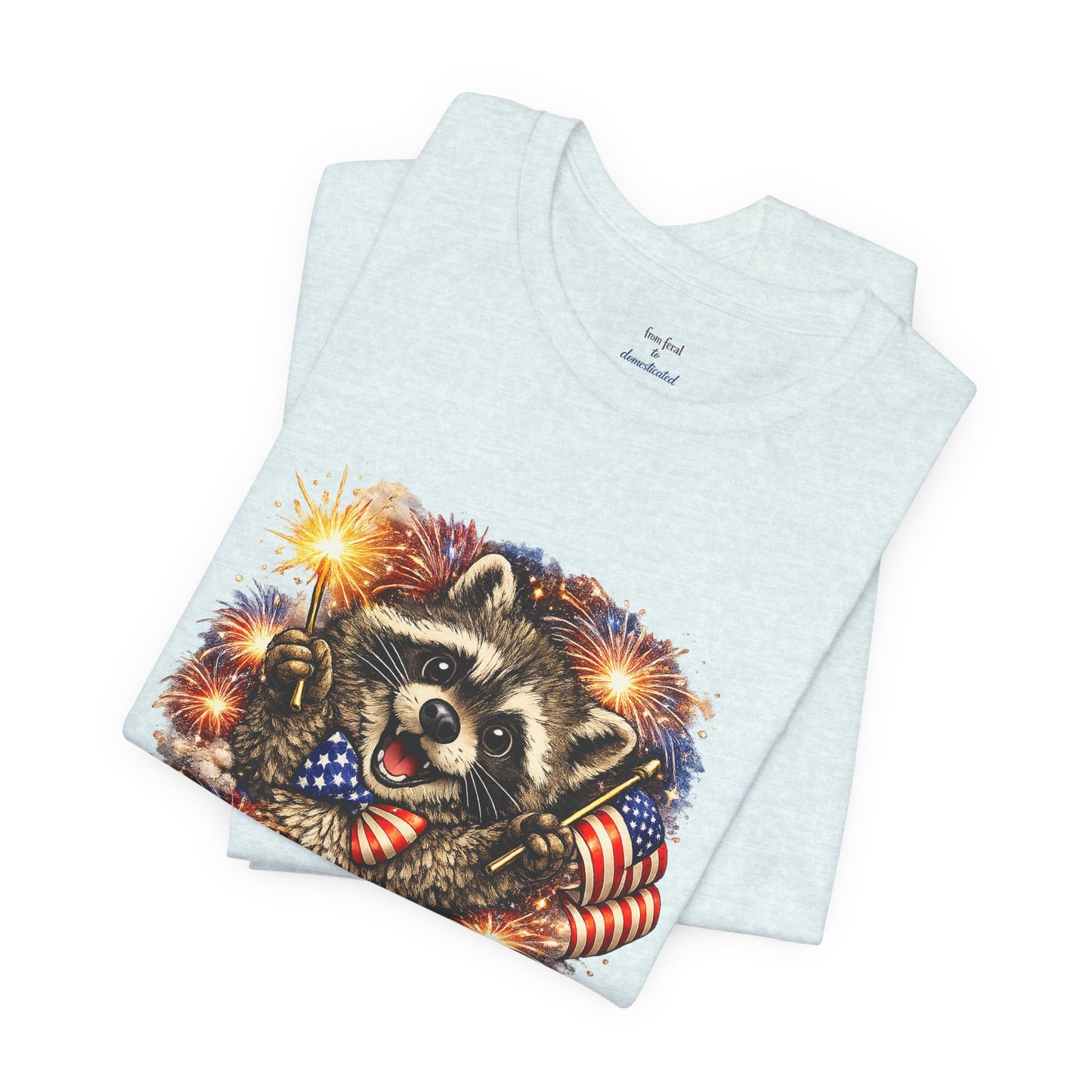 Patriot Raccoon 250th Anniversary T-Shirt — 4th of July Fireworks Flag Tee