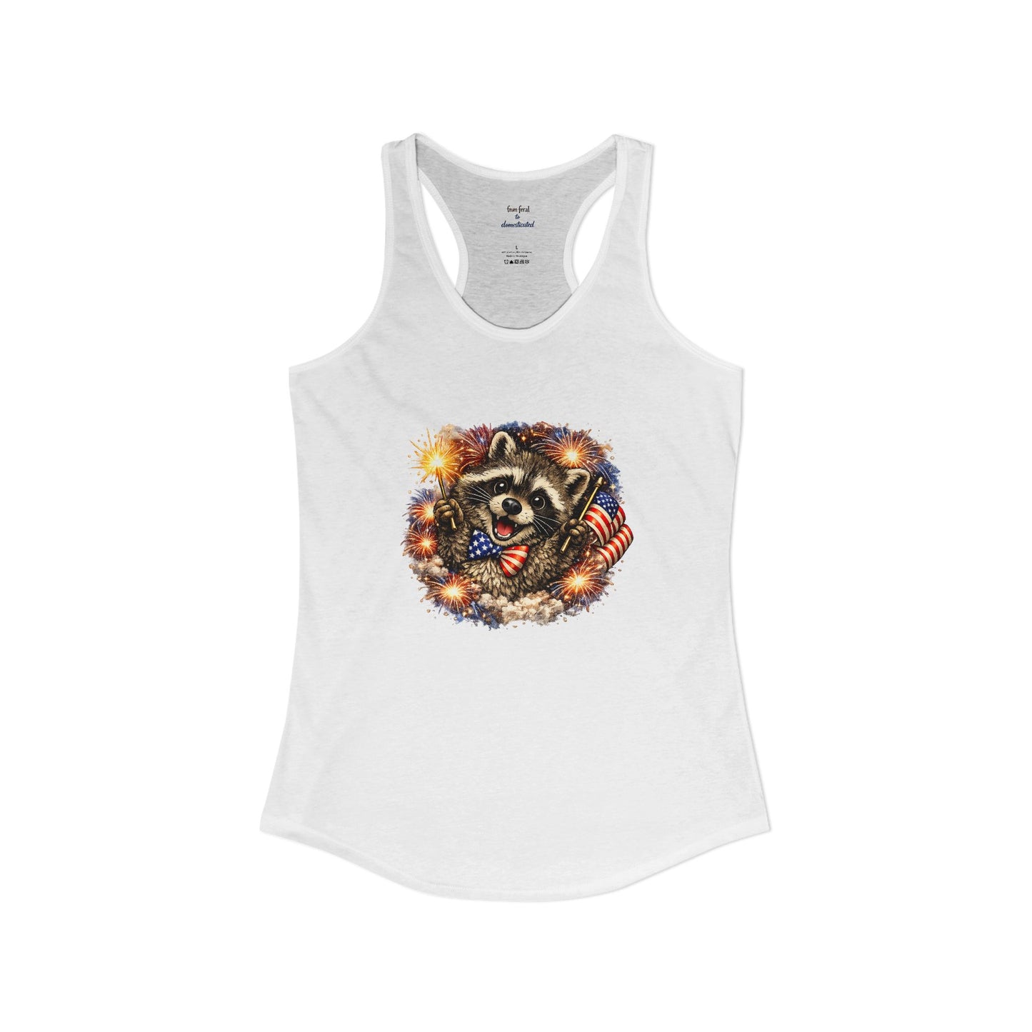 Patriotic Raccoon 4th of July Tank — Raccoon on 250 with Flag & Fireworks Racerback Tank