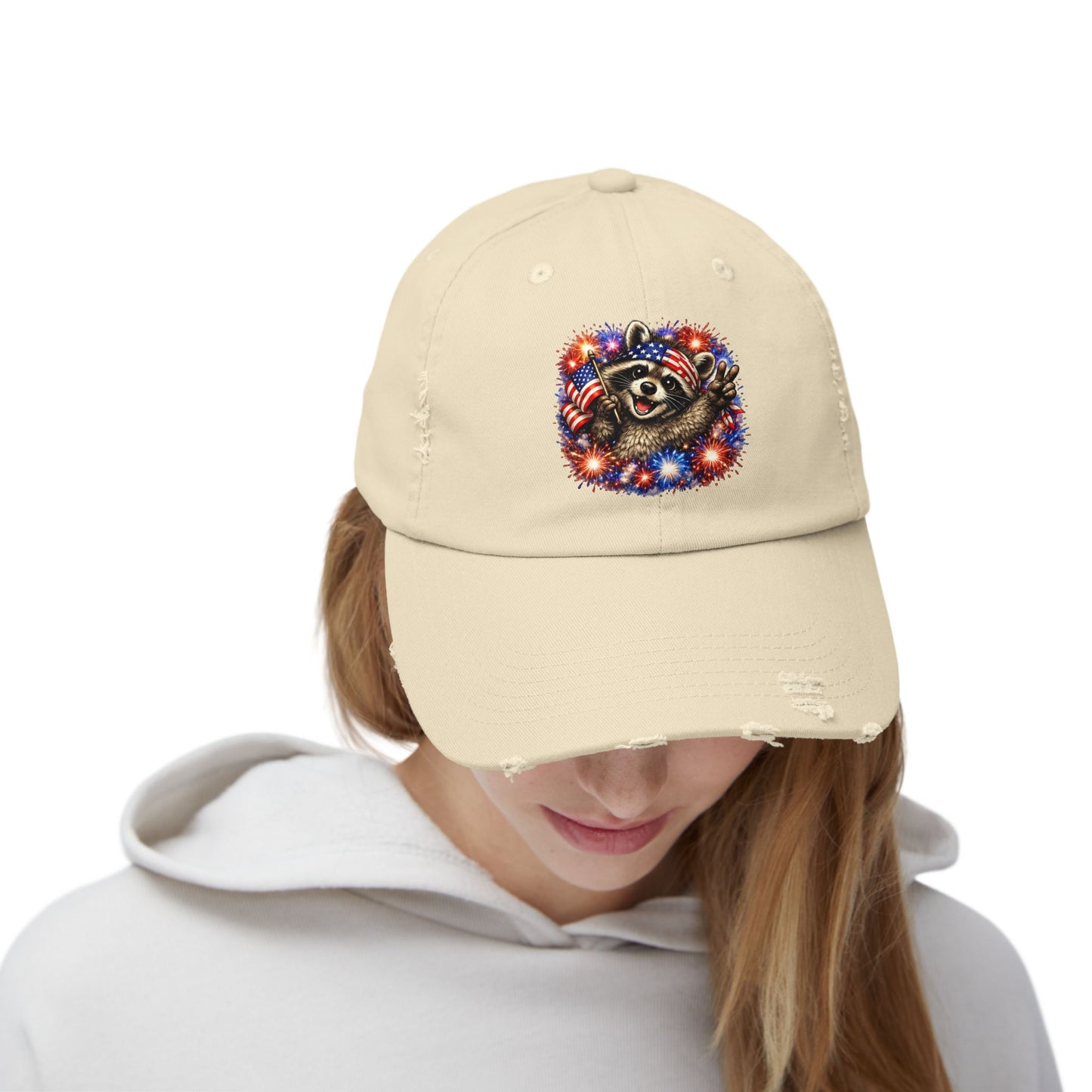 Patriotic Raccoon 250 Cap — Fireworks & Flag Distressed Baseball Hat
