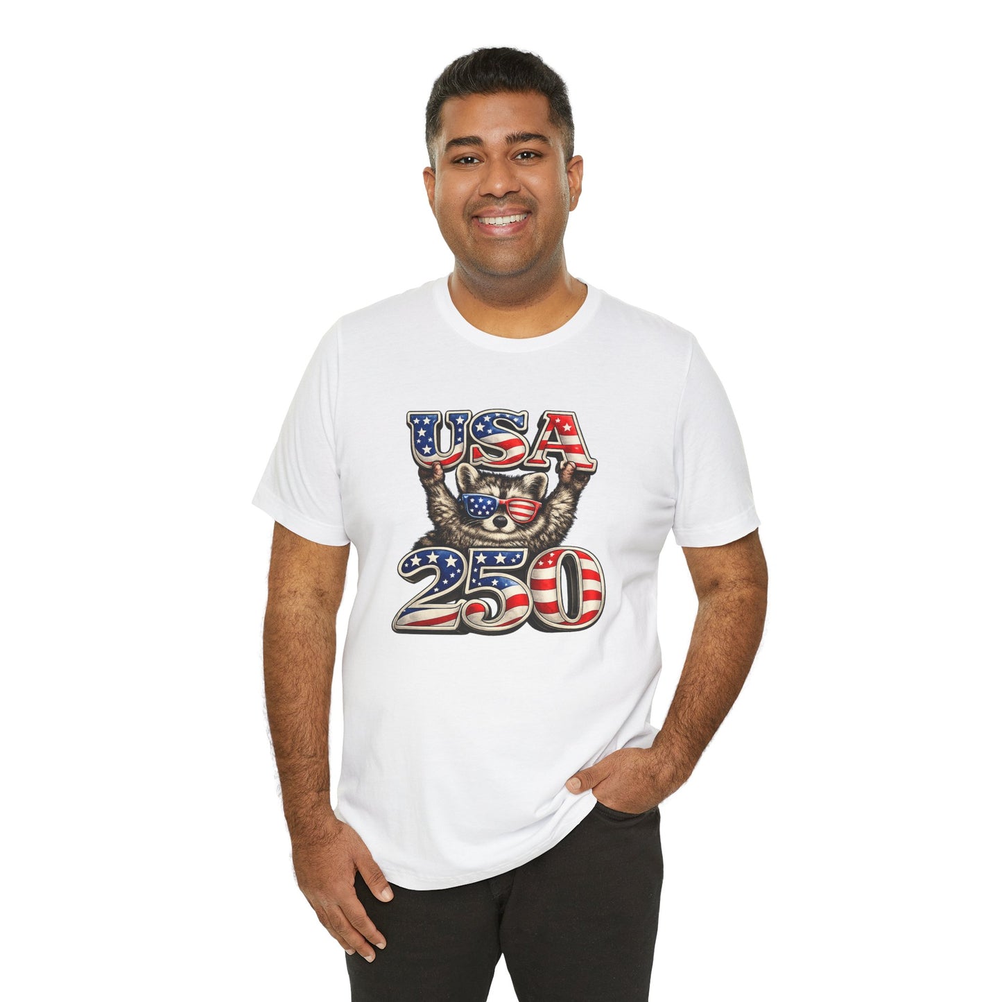 Patriot Raccoon 250th Anniversary T-Shirt — 4th of July Fireworks Flag Tee