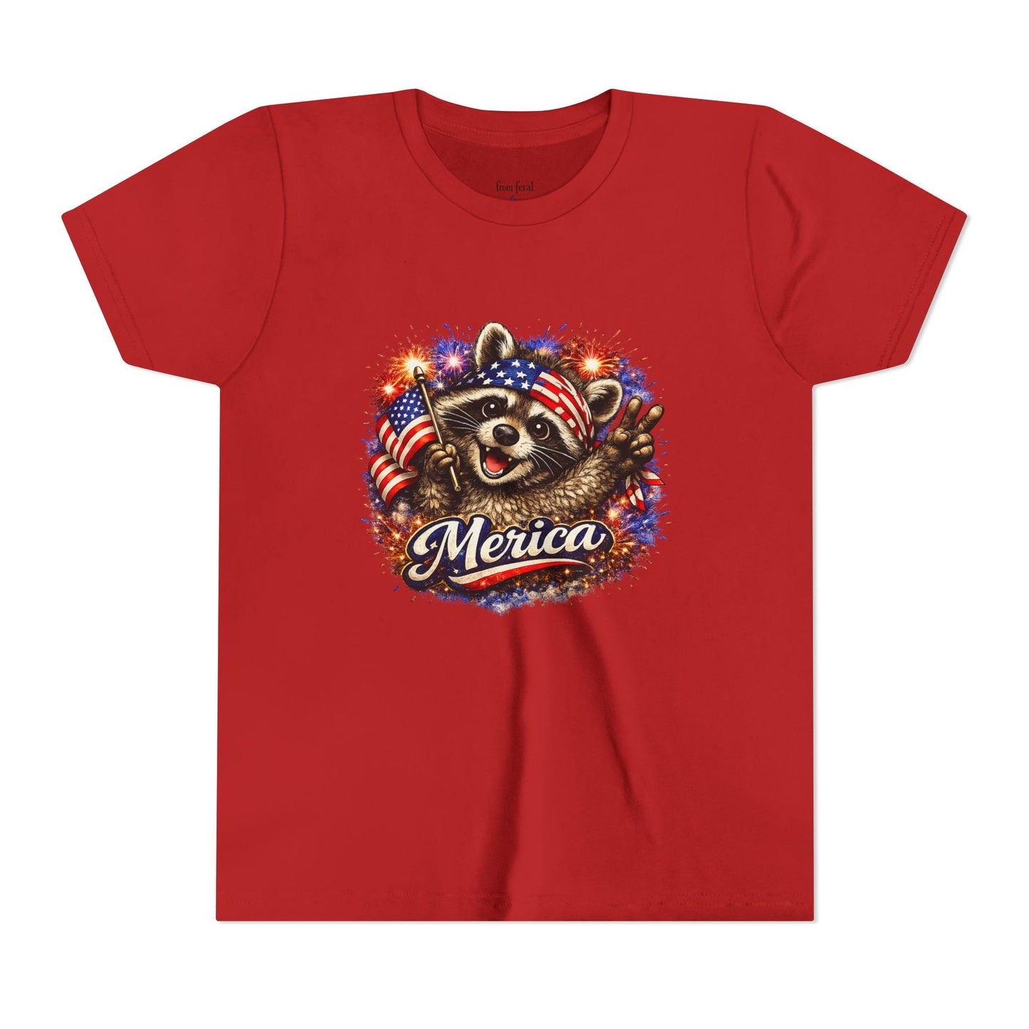 Patriotic Raccoon Youth Tee — Raccoon with American Flag & Fireworks
