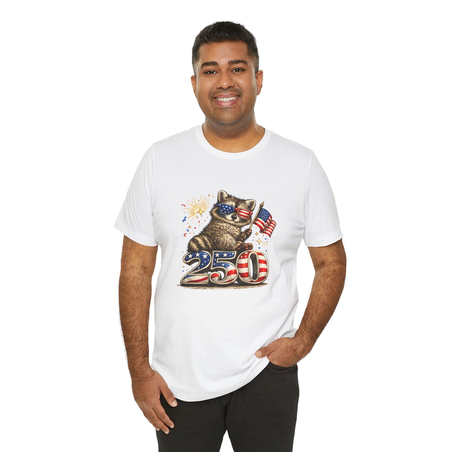 Patriot Raccoon 250th Anniversary T-Shirt — 4th of July Fireworks Flag Tee