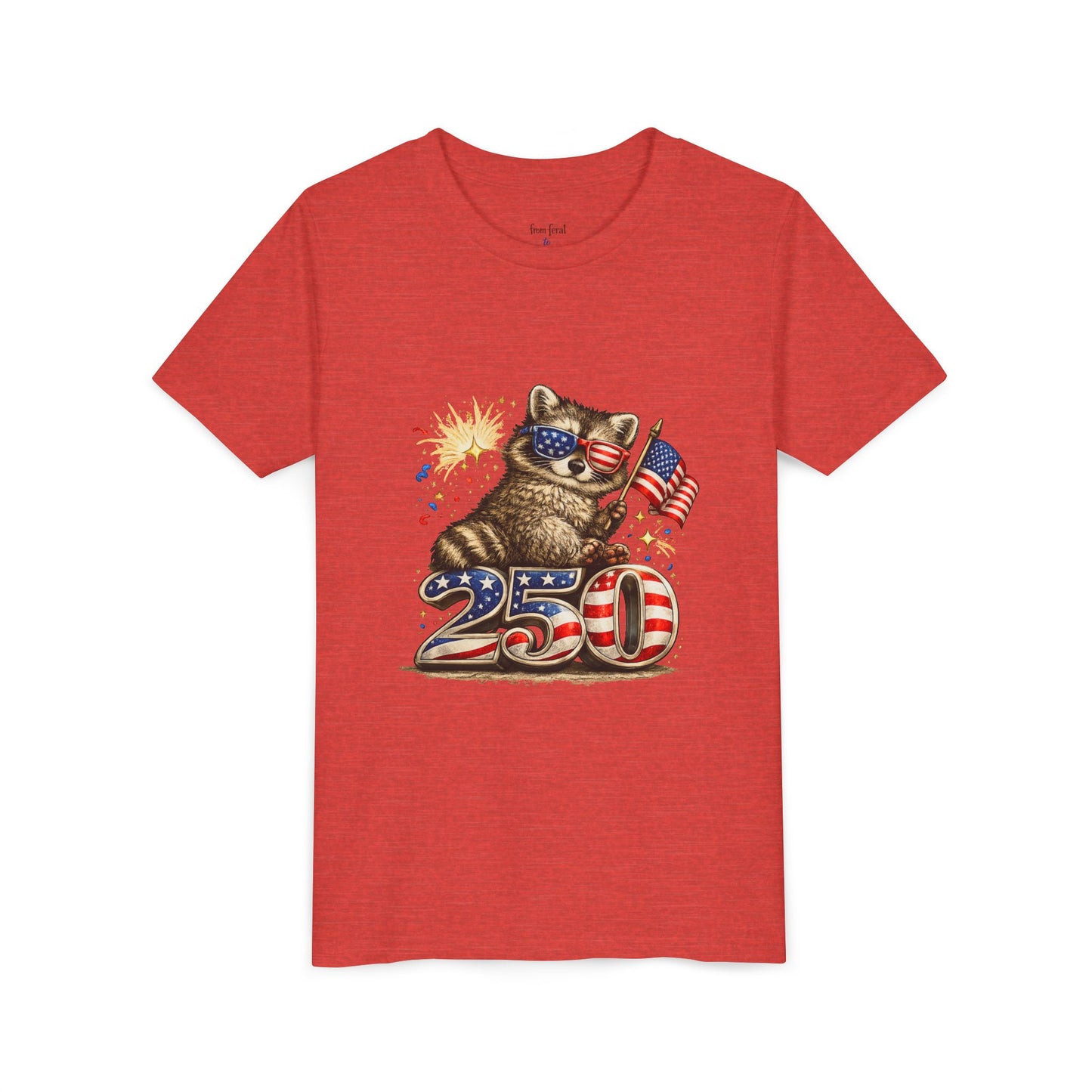 Patriotic Raccoon Youth Tee — Raccoon with American Flag & Fireworks