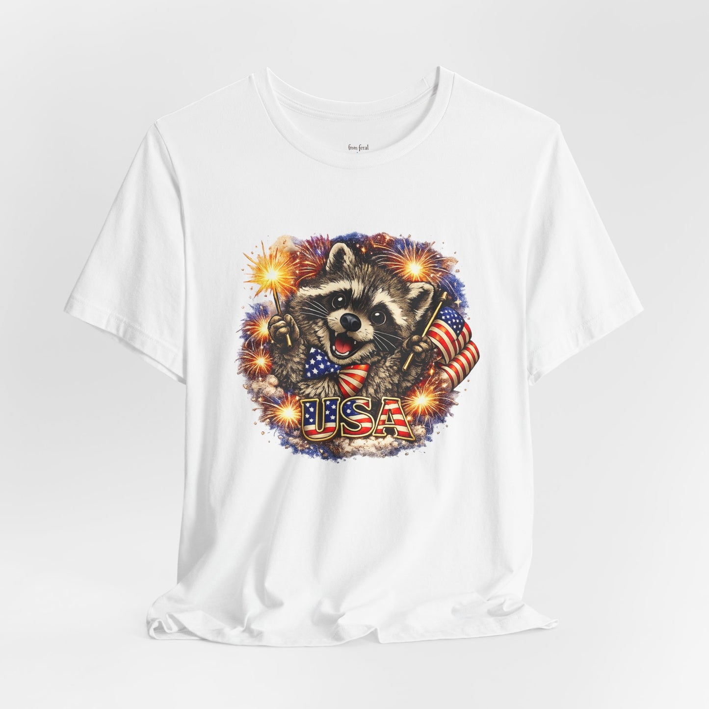 Patriot Raccoon 250th Anniversary T-Shirt — 4th of July Fireworks Flag Tee