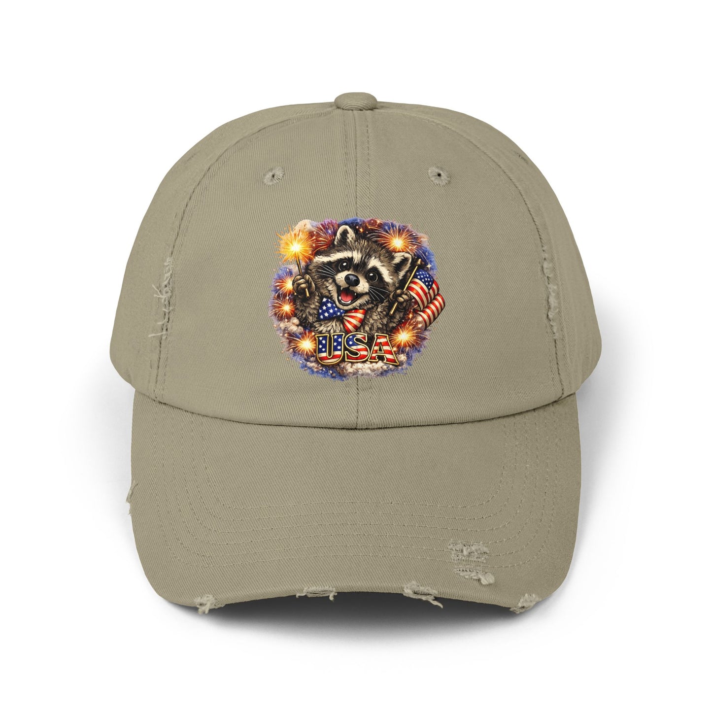 Patriotic Raccoon 250 Cap — Fireworks & Flag Distressed Baseball Hat