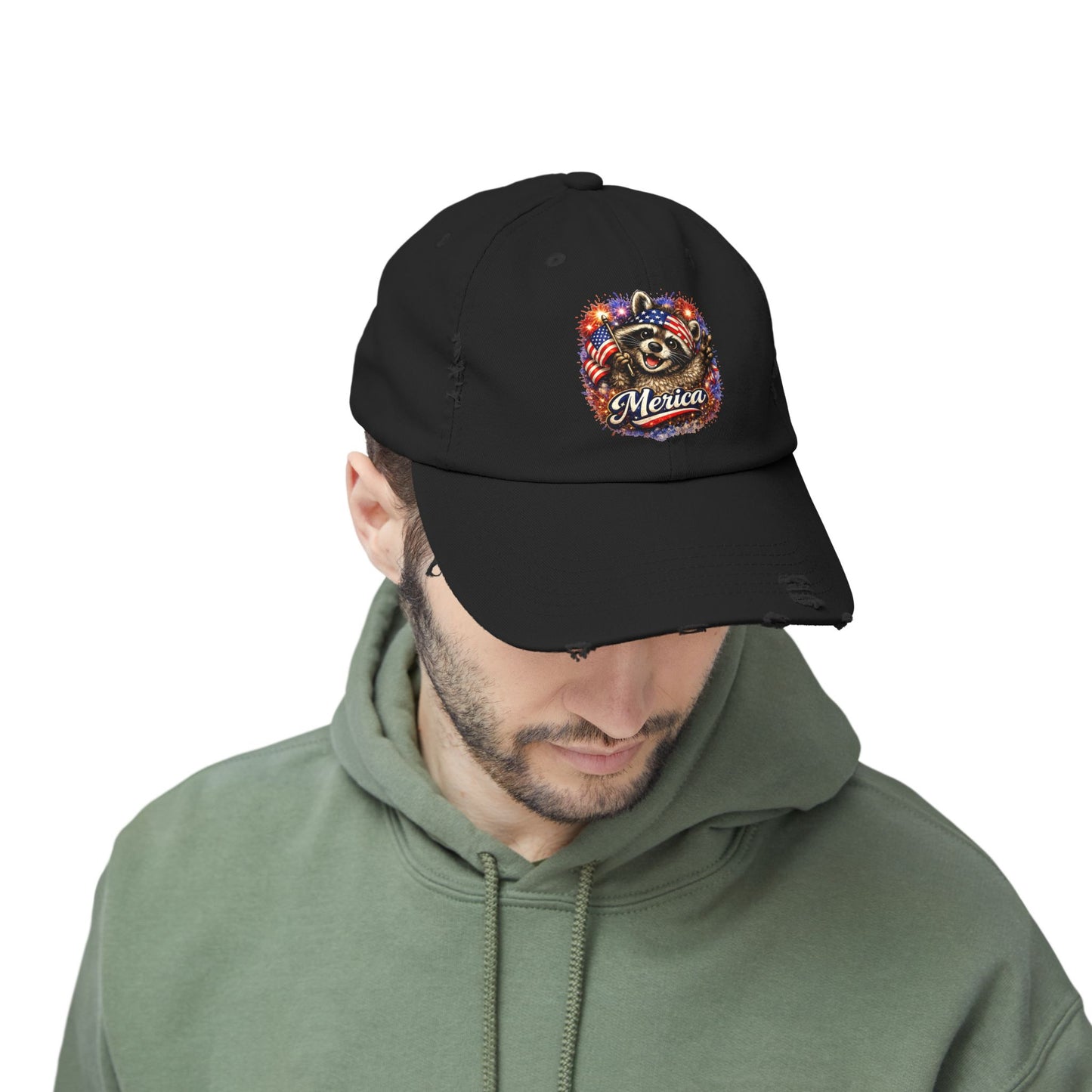 Patriotic Raccoon 250 Cap — Fireworks & Flag Distressed Baseball Hat