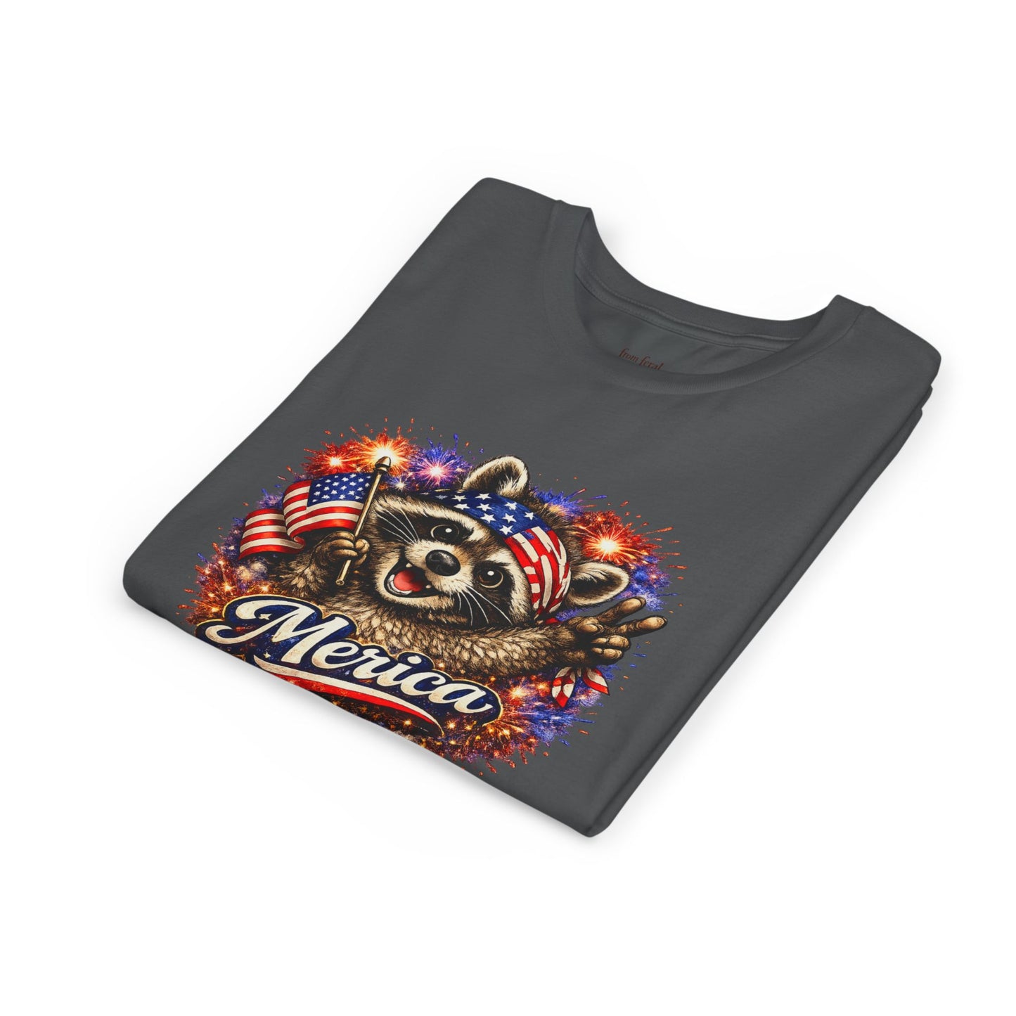 Patriotic Raccoon Youth Tee — Raccoon with American Flag & Fireworks