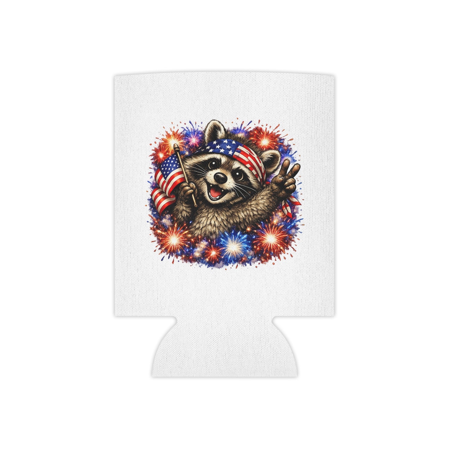 Patriotic Raccoon 250 Can Cooler – USA Flag, 4th of July Drink Koozie