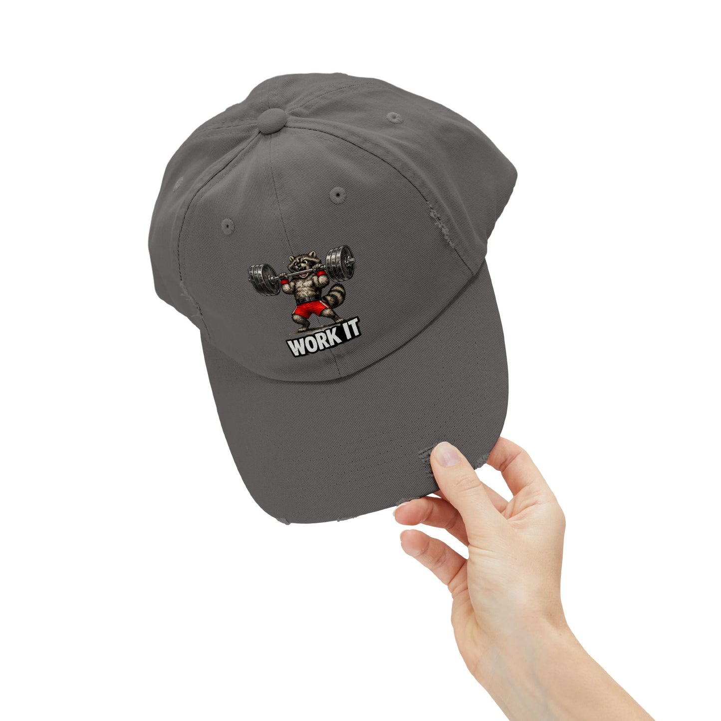 Work It Distressed Cap — Raccoon Mom/Dad Funny Dad Hat