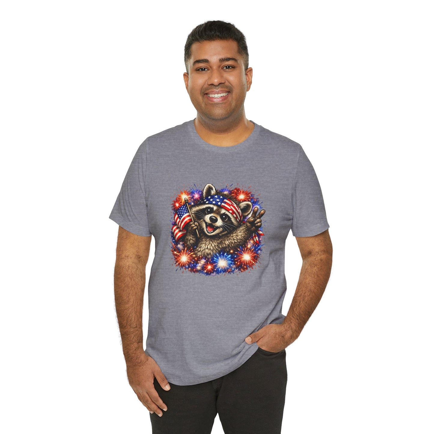 Patriot Raccoon 250th Anniversary T-Shirt — 4th of July Fireworks Flag Tee