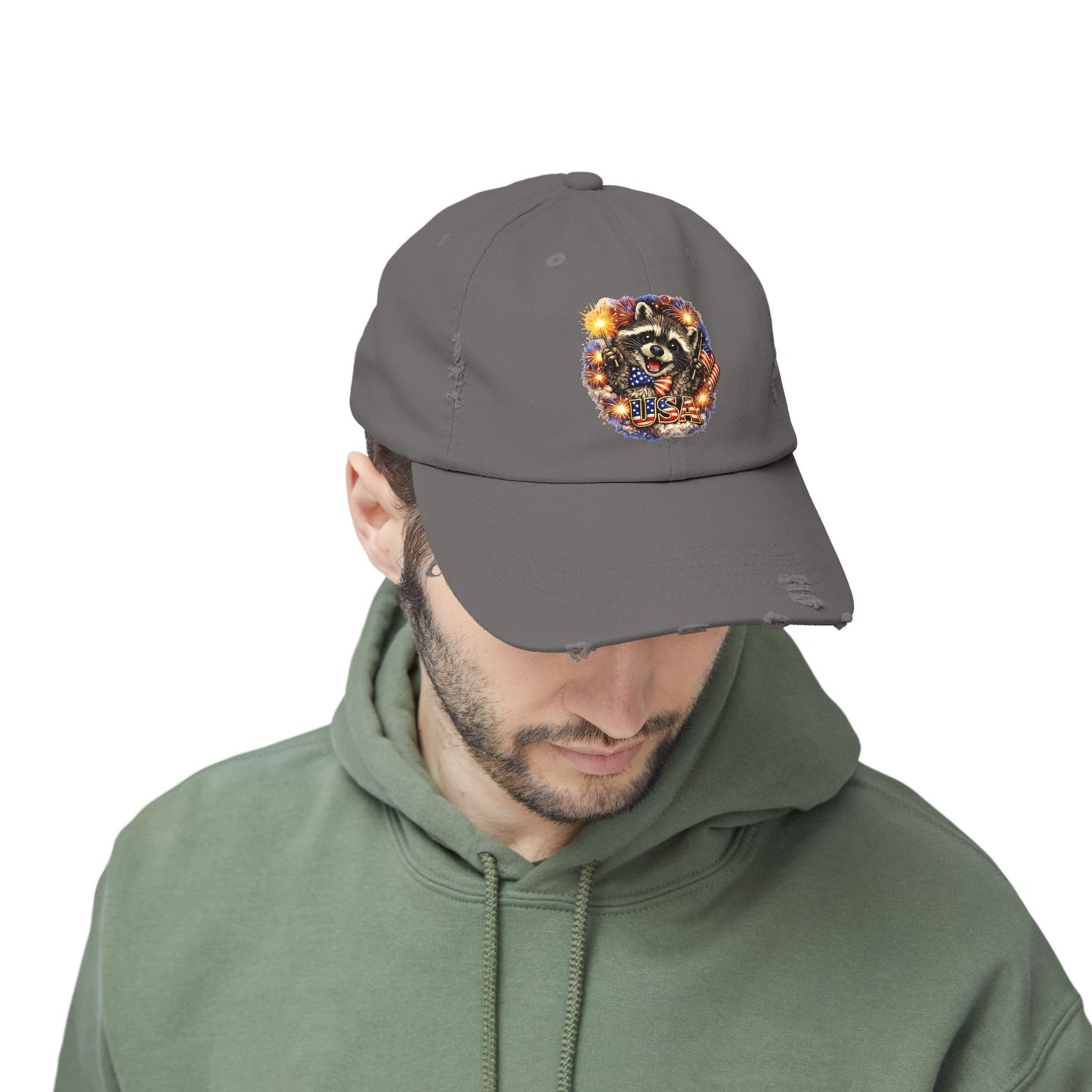 Patriotic Raccoon 250 Cap — Fireworks & Flag Distressed Baseball Hat