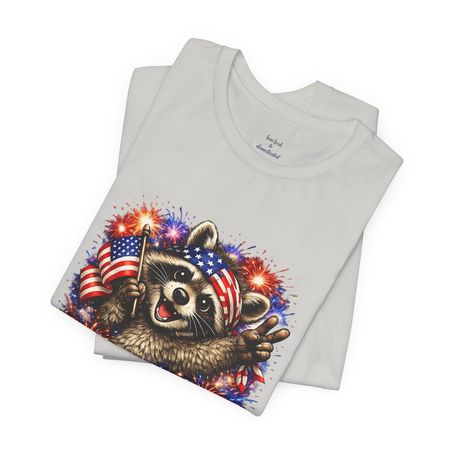 Patriot Raccoon 250th Anniversary T-Shirt — 4th of July Fireworks Flag Tee