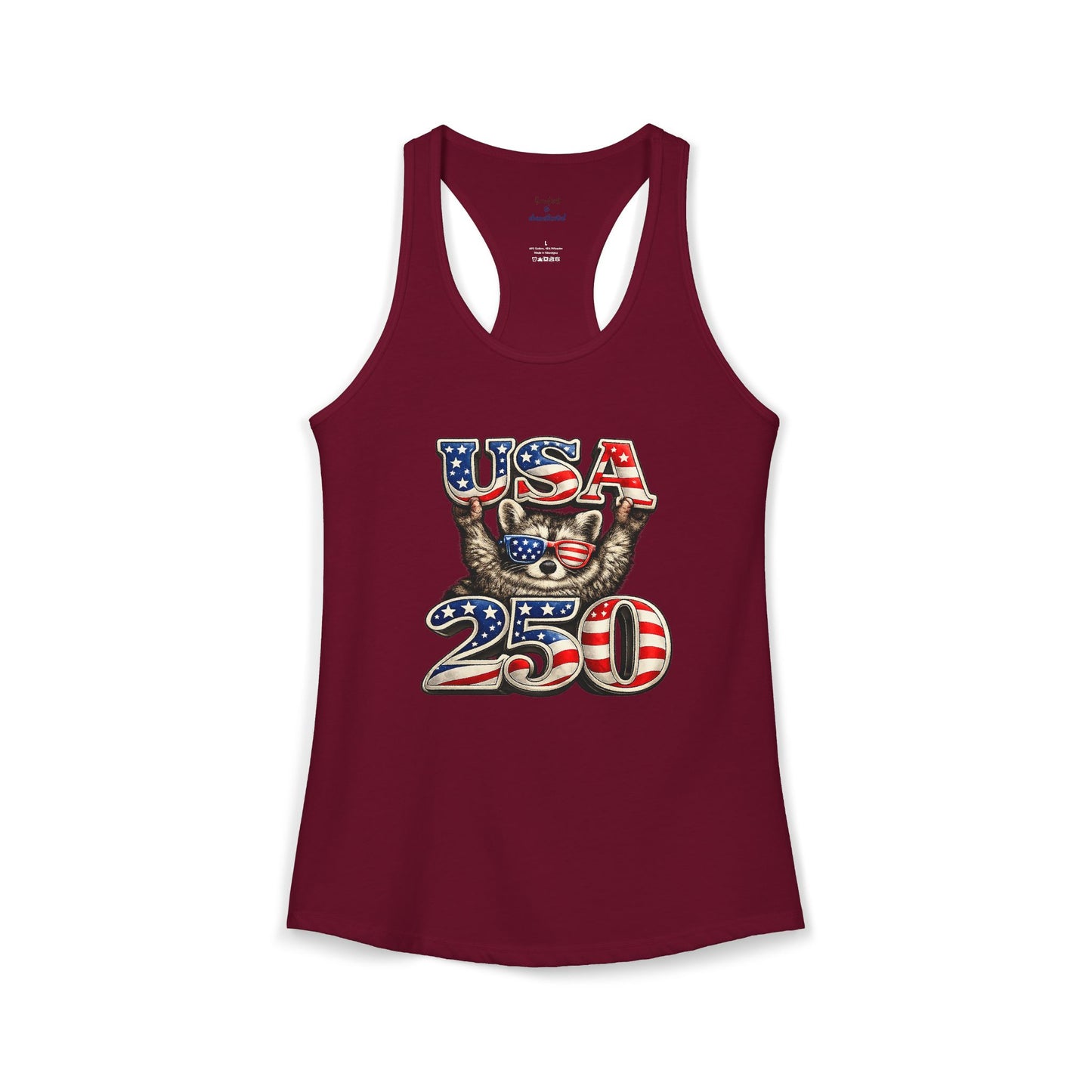 Patriotic Raccoon 4th of July Tank — Raccoon on 250 with Flag & Fireworks Racerback Tank