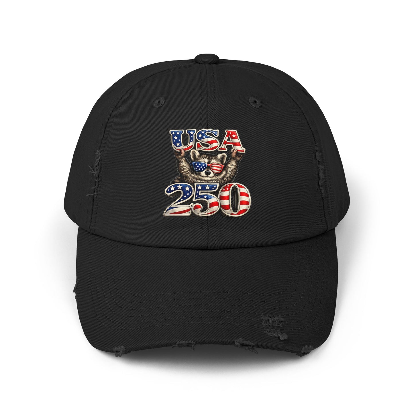 Patriotic Raccoon 250 Cap — Fireworks & Flag Distressed Baseball Hat