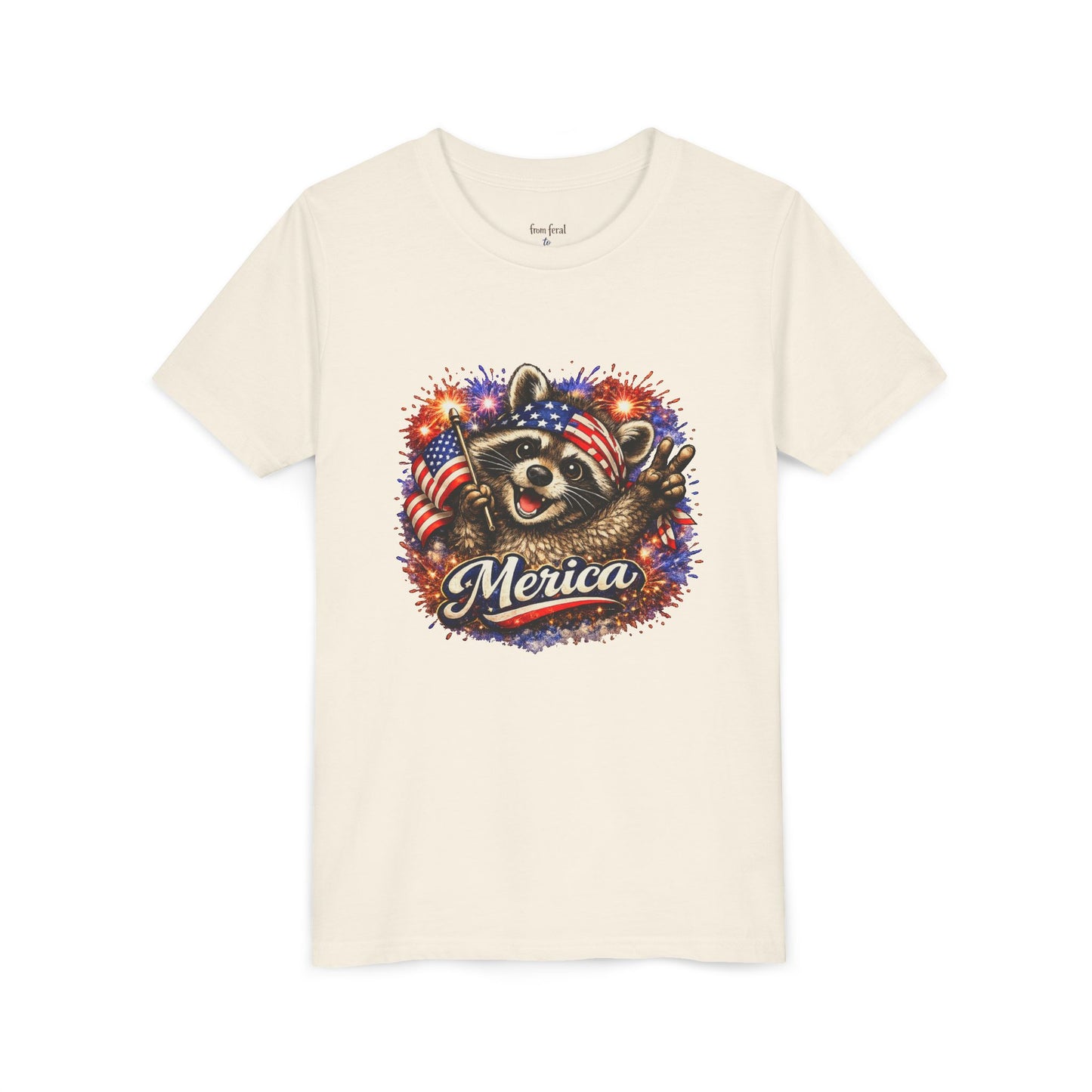 Patriotic Raccoon Youth Tee — Raccoon with American Flag & Fireworks