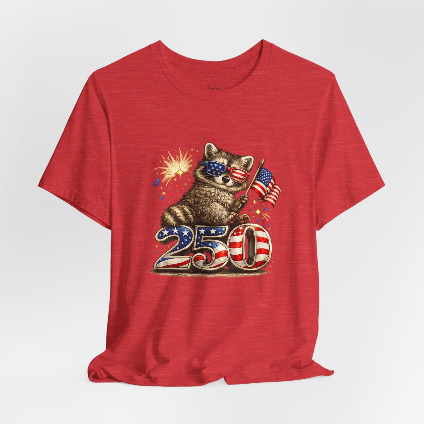 Patriot Raccoon 250th Anniversary T-Shirt — 4th of July Fireworks Flag Tee