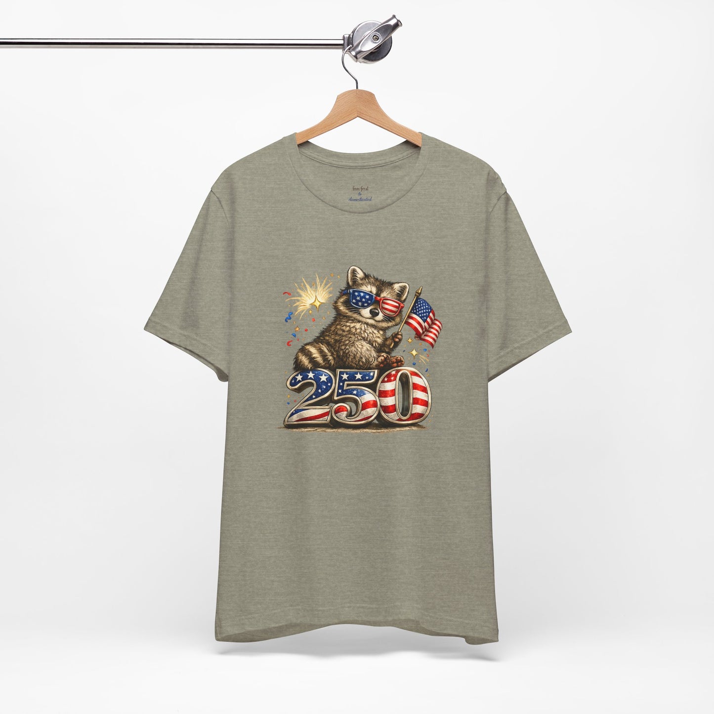 Patriot Raccoon 250th Anniversary T-Shirt — 4th of July Fireworks Flag Tee