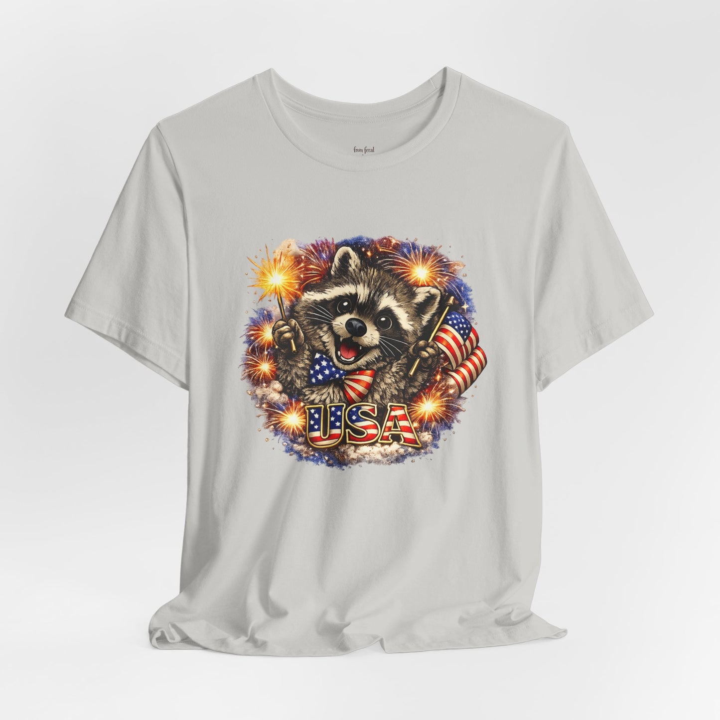 Patriot Raccoon 250th Anniversary T-Shirt — 4th of July Fireworks Flag Tee