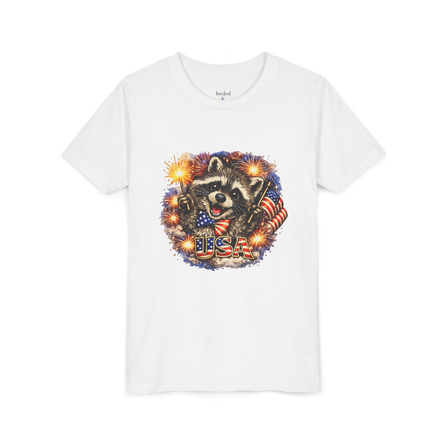 Patriotic Raccoon Youth Tee — Raccoon with American Flag & Fireworks