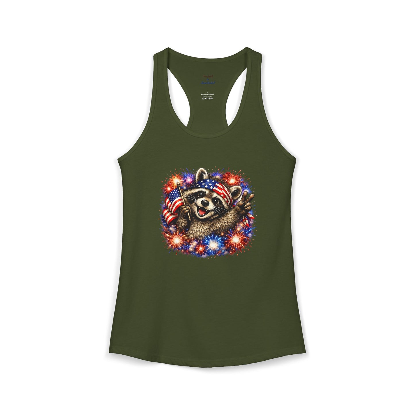 Patriotic Raccoon 4th of July Tank — Raccoon with Flag & Fireworks Racerback Tank