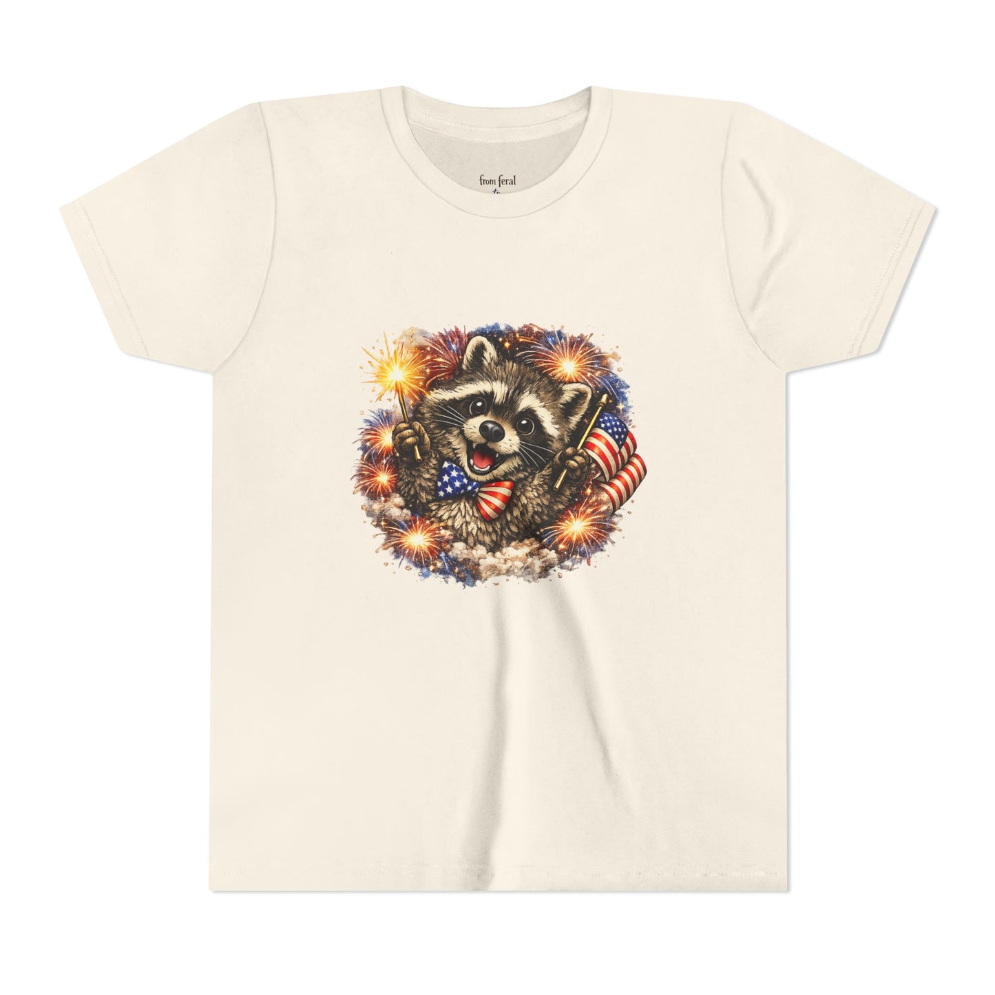 Patriotic Raccoon Youth Tee — Raccoon with American Flag & Fireworks