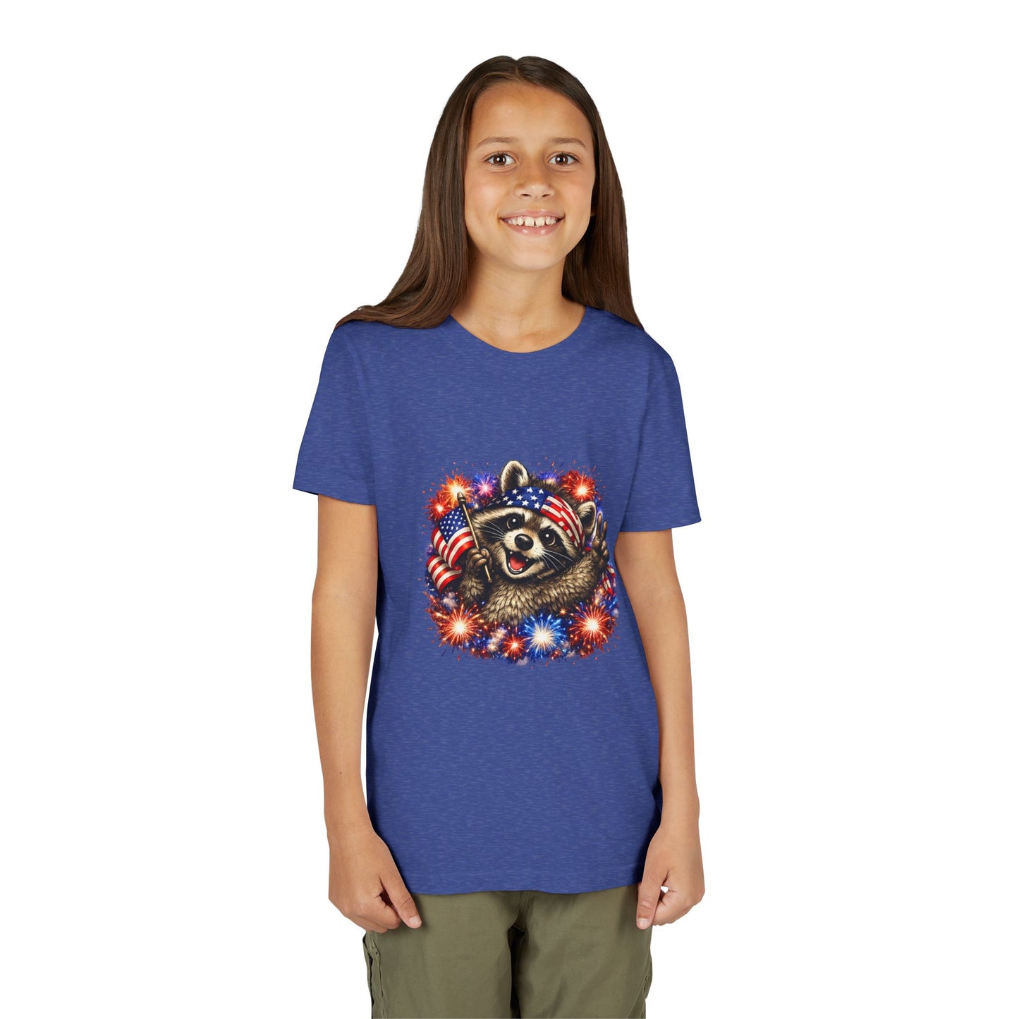 Patriotic Raccoon Youth Tee — Raccoon with American Flag & Fireworks