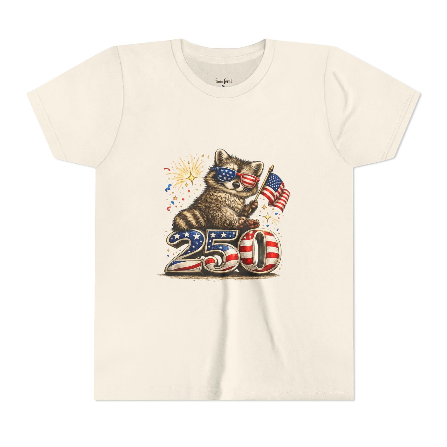 Patriotic Raccoon Youth Tee — Raccoon with American Flag & Fireworks