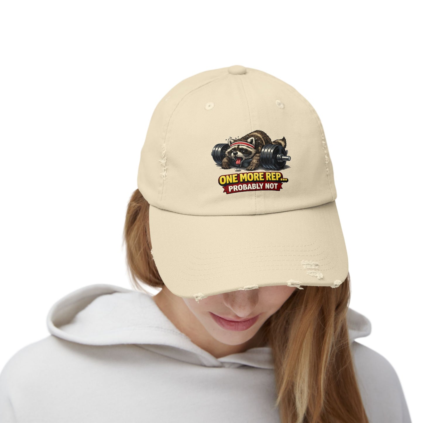 One More Rep Distressed Cap — Raccoon Mom/Dad Funny Dad Hat