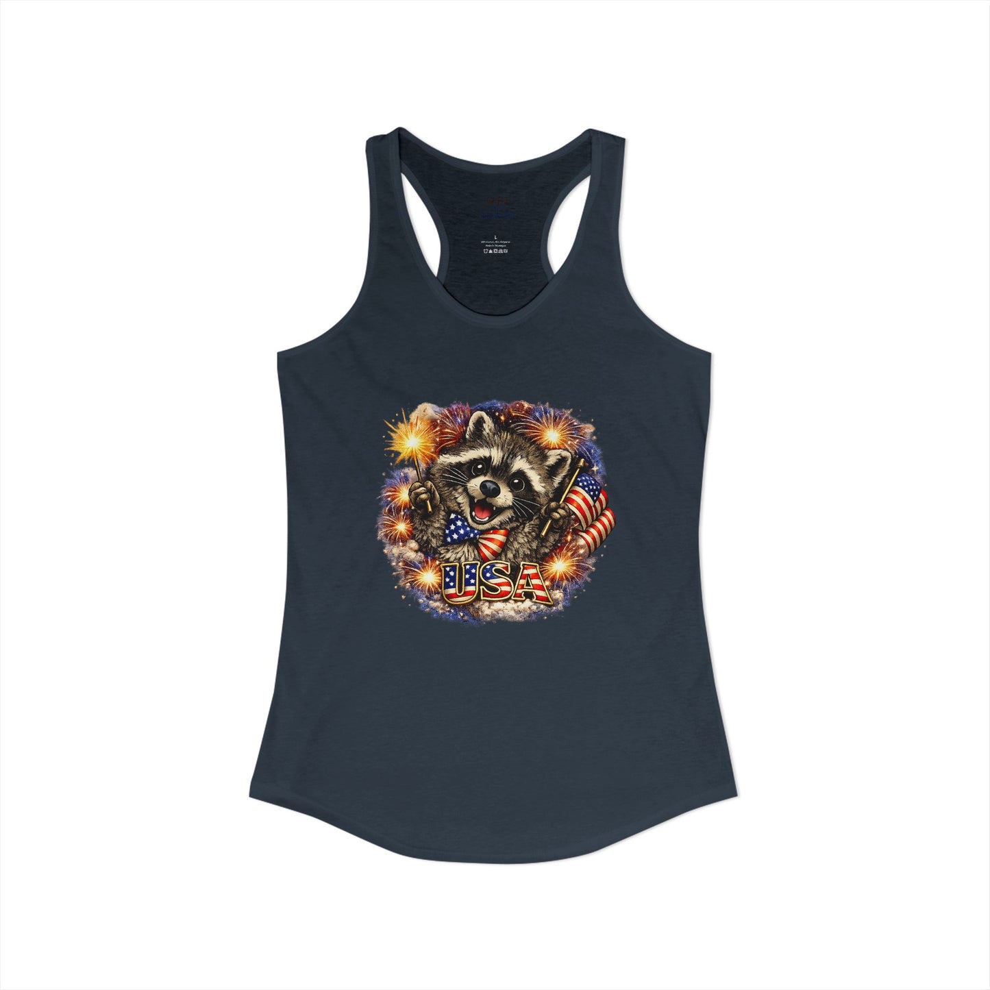 Patriotic Raccoon 4th of July Tank — Raccoon on 250 with Flag & Fireworks Racerback Tank