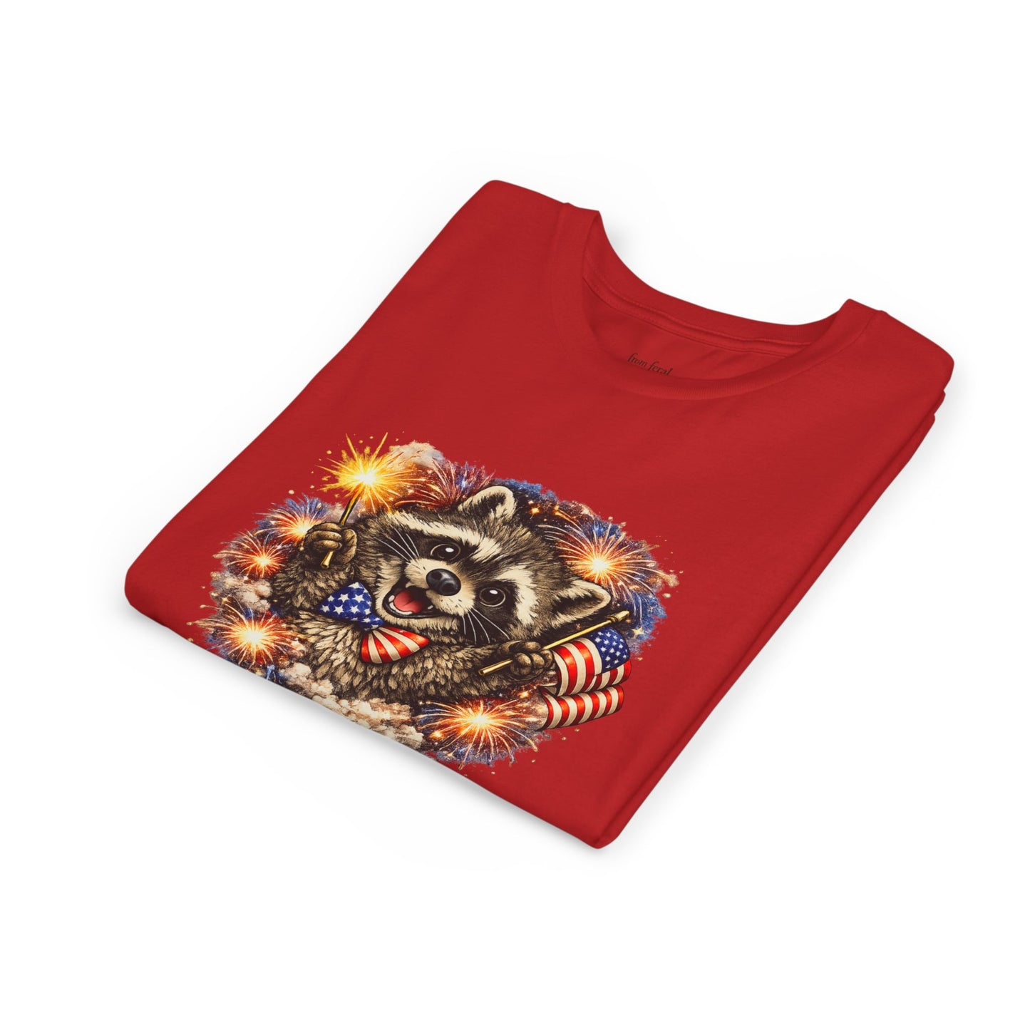 Patriotic Raccoon Youth Tee — Raccoon with American Flag & Fireworks