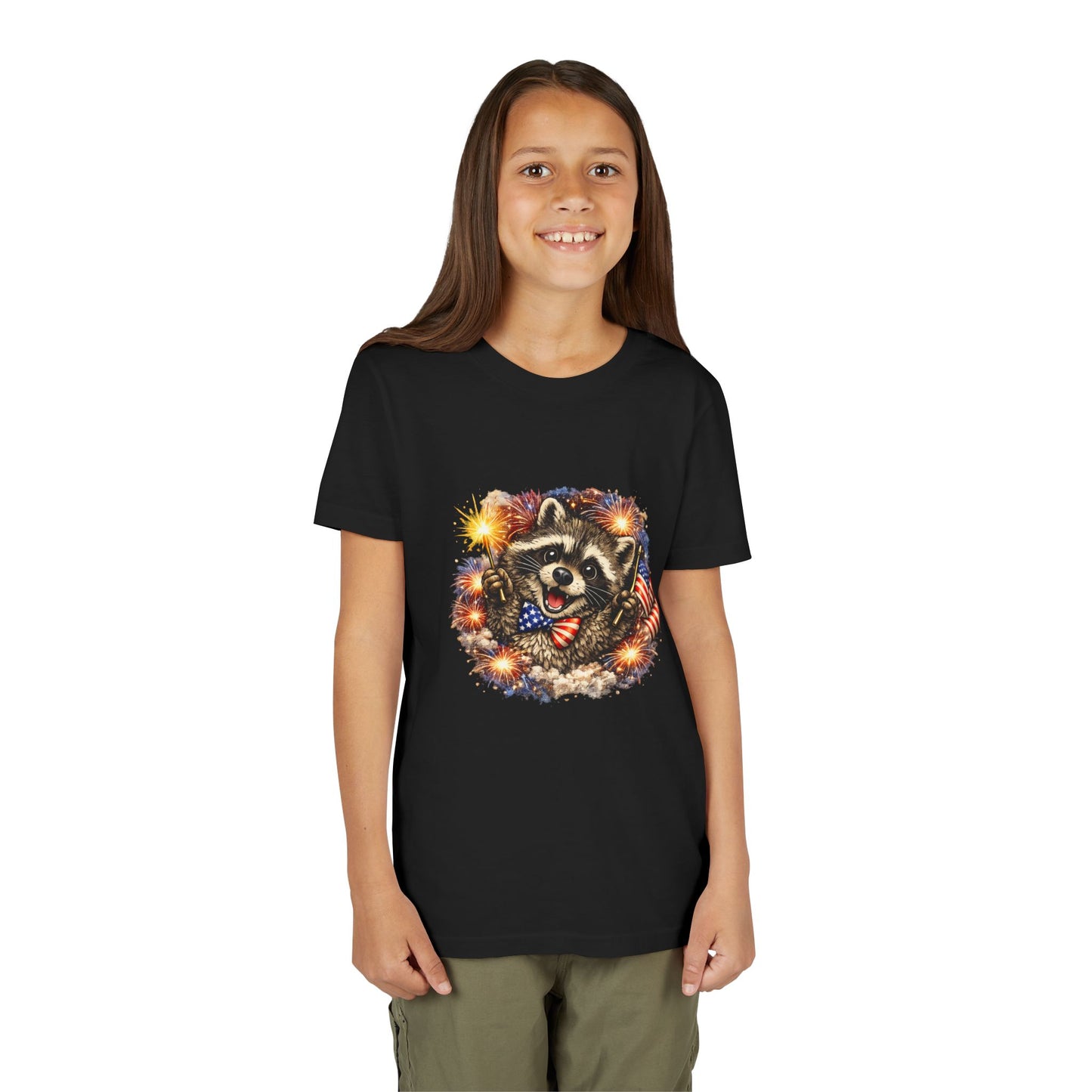 Patriotic Raccoon Youth Tee — Raccoon with American Flag & Fireworks