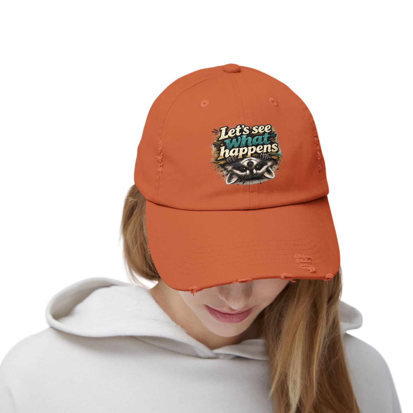 Let's See What Happens Distressed Cap — Raccoon Mom/Dad Funny Dad Hat