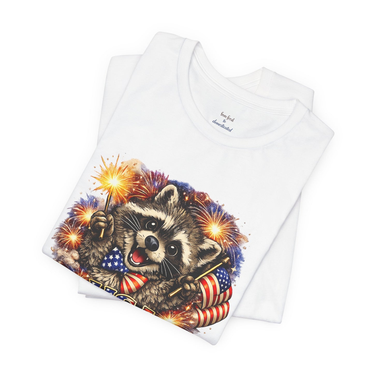 Patriot Raccoon 250th Anniversary T-Shirt — 4th of July Fireworks Flag Tee