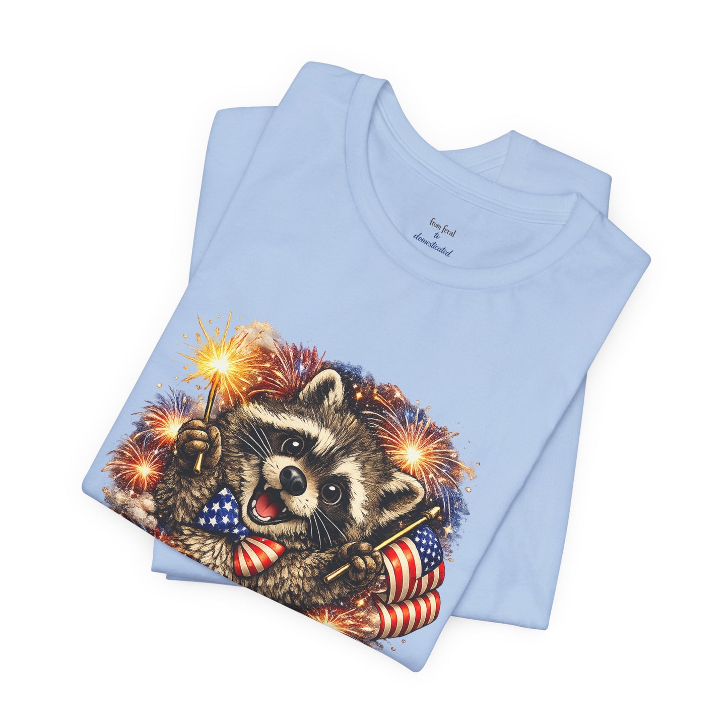 Patriot Raccoon 250th Anniversary T-Shirt — 4th of July Fireworks Flag Tee