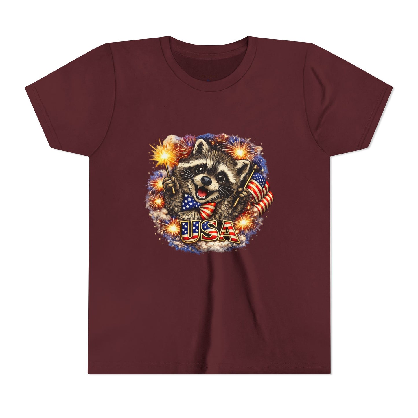 Patriotic Raccoon Youth Tee — Raccoon with American Flag & Fireworks