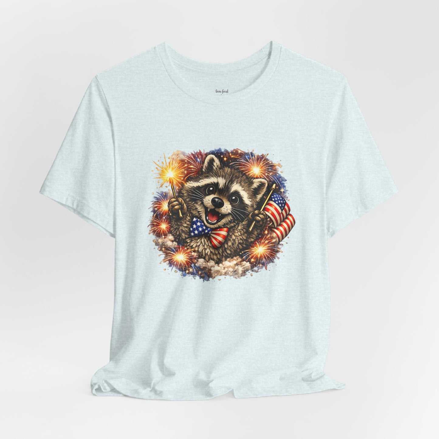 Patriot Raccoon 250th Anniversary T-Shirt — 4th of July Fireworks Flag Tee