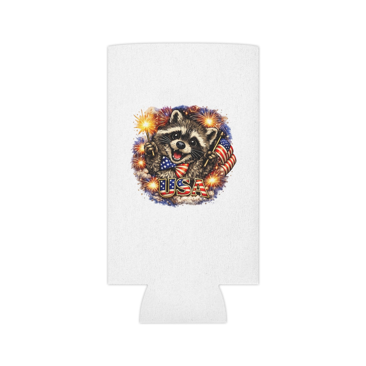 Patriotic Raccoon 250 Can Cooler – USA Flag, 4th of July Drink Koozie