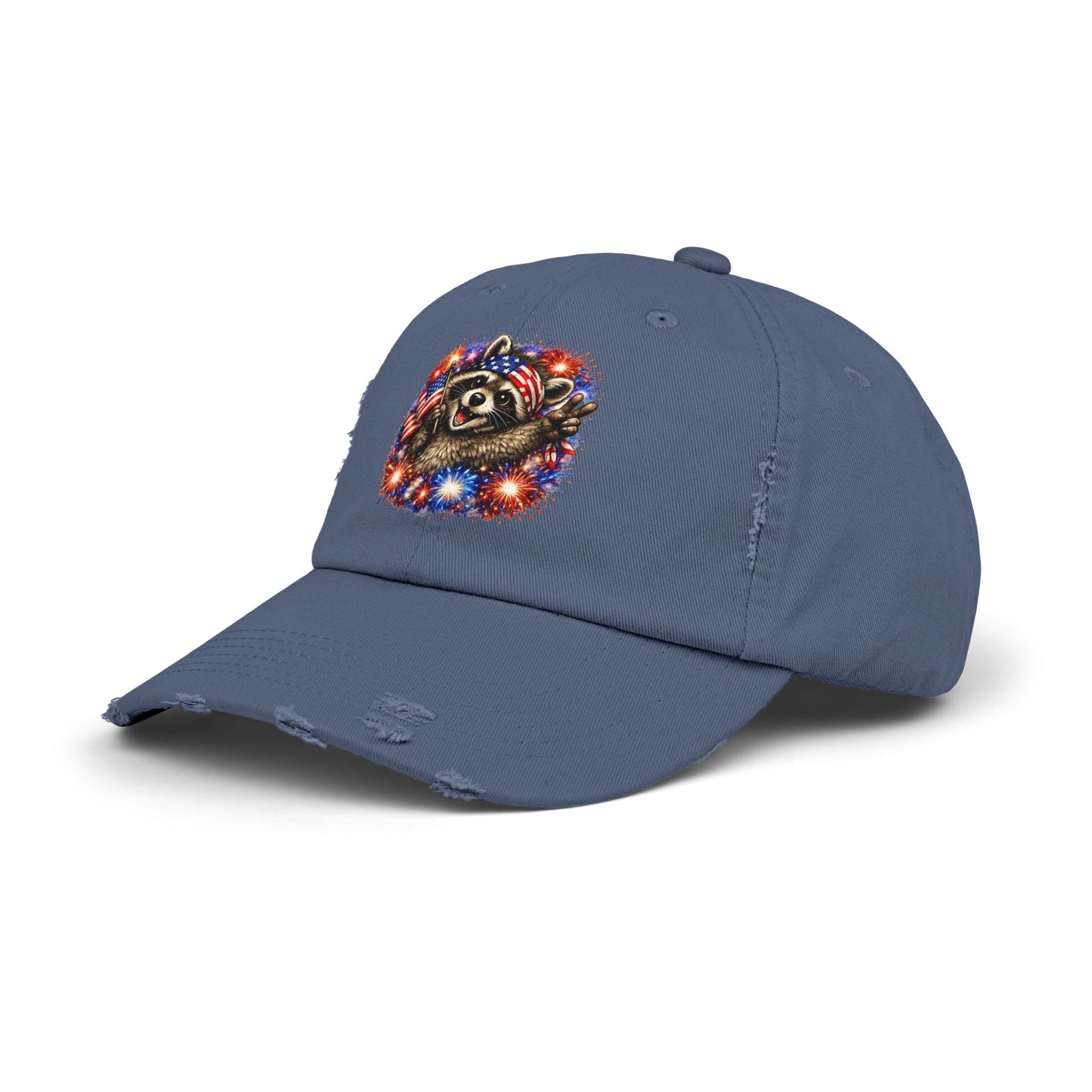 Patriotic Raccoon 250 Cap — Fireworks & Flag Distressed Baseball Hat