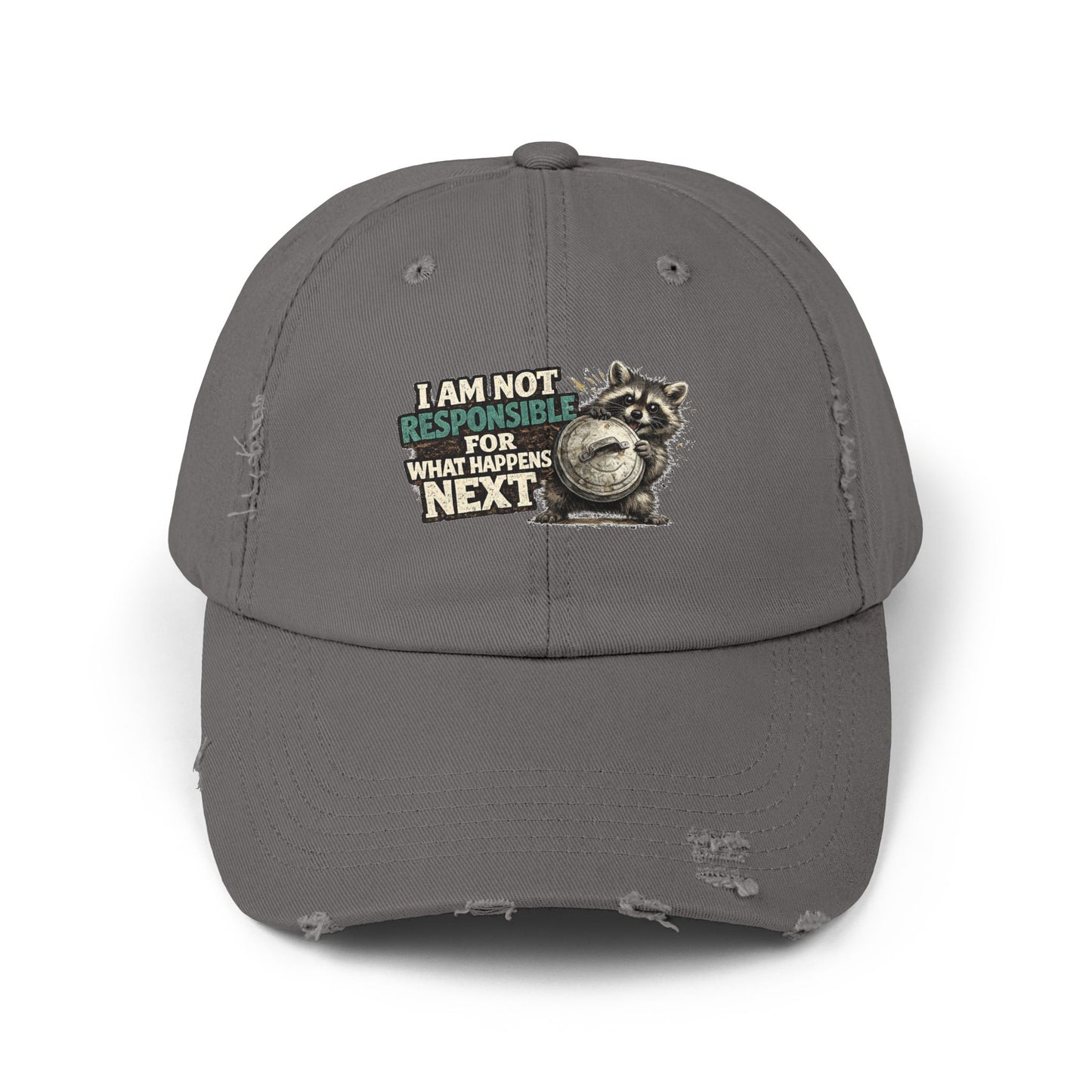 Not Responsible Distressed Cap — Raccoon Mom/Dad Funny Dad Hat