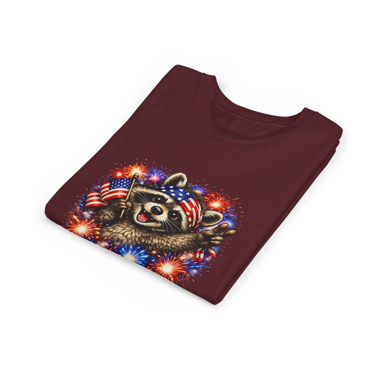 Patriotic Raccoon Youth Tee — Raccoon with American Flag & Fireworks
