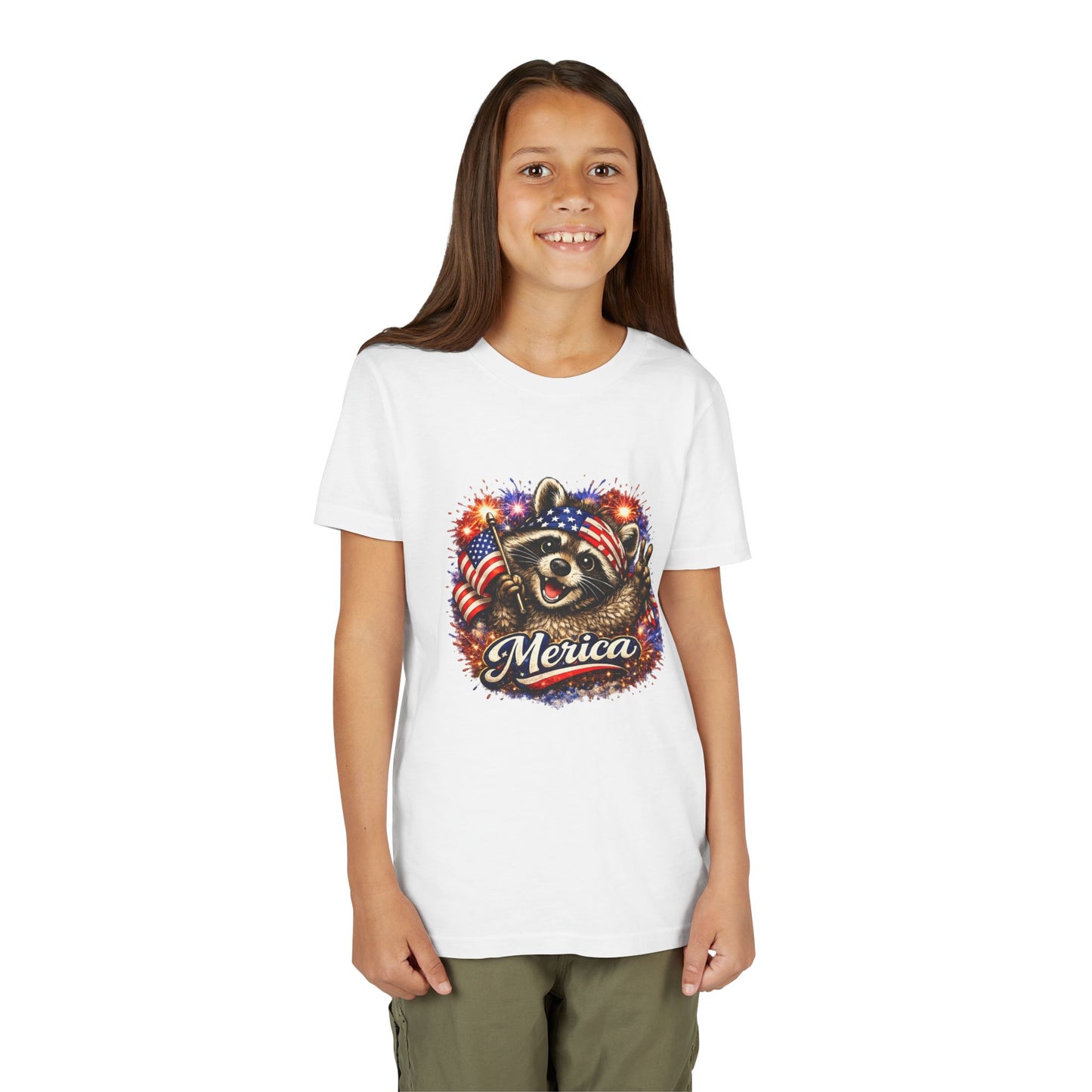 Patriotic Raccoon Youth Tee — Raccoon with American Flag & Fireworks
